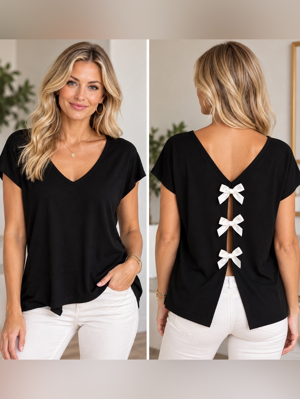 Women's Black V-Neck Short Sleeve Top with white bows on back.